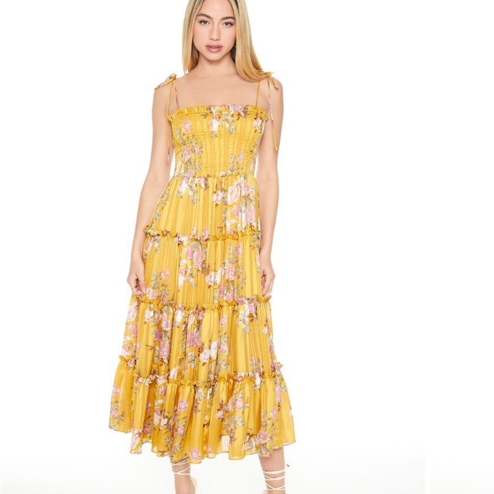 Tiered Floral Print Midi Dress mustard yellow